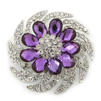 Image of Avalaya Dimensional Clear/Amethyst Crystal Corsage Brooch in Rhodium Plating 5cm Diameter
