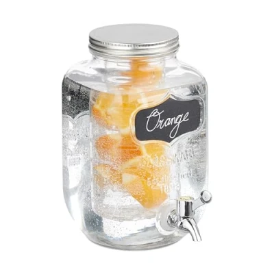 Image of Drinks Dispenser, 4 Litres, Beverage Jar with Fruit Infuser, Tap and Lid, Water Container, Glass, Transparent Relaxdays