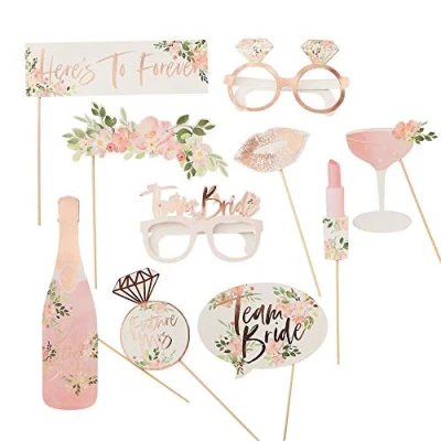 Image of Ginger Ray Floral Hen Party Rose Gold Foiled Photobooth Props, 10 Pack