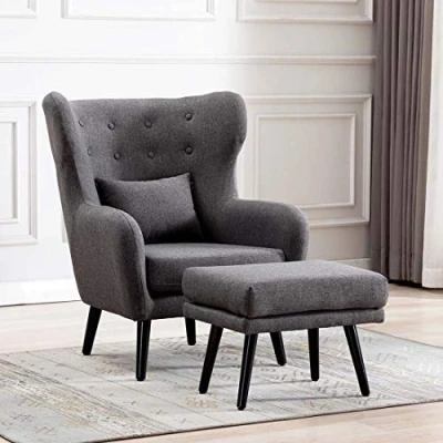 Image of Winslow Wing Back Occasional Fabric Lounge Accent Chair Living Room Armchair Grey with Footstool