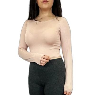 Image of Womens Crop Long Sleeve T Shirt Ladies Short Plain Basic Round Neck Shirts Top 8 14 Peach