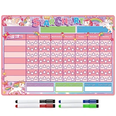 Image of TMS Magnetic Reward Chart for Children Star Recognising and Inspiring Good Behaviour in Toddlers, Kids, Boys Girls Comes with 4 Coloured Dry Wipe Pens (Unicorns)
