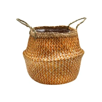 Image of Ivyline Chevron Lined Basket in Amber Premium Quality Handmade and Waterproof Seagrass with Handles for Houseplants H30cm x D35cm
