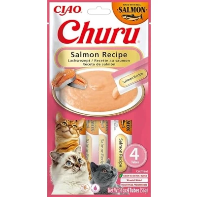 Image of Churu Sticks by INABA Cat Treat Salmon 1 Pack (4 x 14g) / Soft &amp; Creamy Treat, Delicious Healthy Snack, Likable Stick, Hand Feeding, Natural, Grain Free, High in Moisture