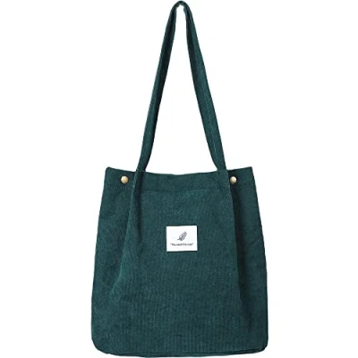 Image of FINDING CASE Large Cord Bag for Women Corduroy Tote Reusable Carry Shoulder Handbags Totebag School Shopping Work College Casual Travel (Green)