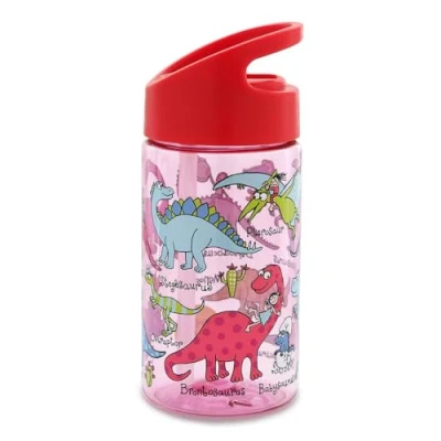 Image of Tyrrell Katz Kids Dinosaur Printed Flip Top Drinking Bottle in Pink with Straw Dishwasher Safe Lightweight Children&#039;s School Water Flask 400 ml