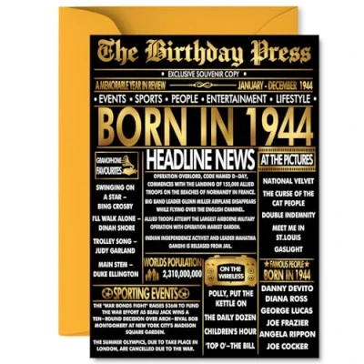 Image of Gold 81st Birthday Card for Men Women Black &amp; Golden Newspaper Born in 1944 Happy 81 Cards Uncle Nanny Dad Wife Nan Husband, A5 Bday Greeting