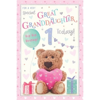 Image of ICG Great Granddaughter 1st Birthday Card Age 1 Barley Bear, Balloons and Gifts Embossed with Foil Details