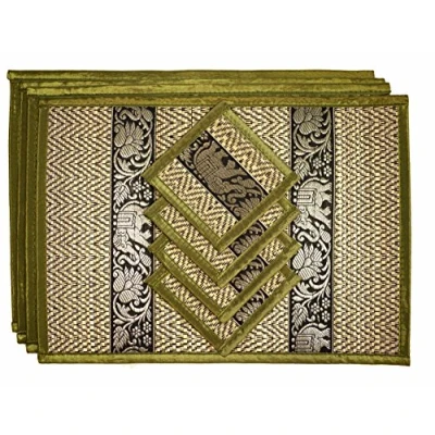 Image of Hand Woven Wicker Reed Placemats and Coaster Set Alternative to Plastic Heat Resistant Thai Style Durable Clean Perfect for Dining Table Décor of 4(Medium Olive Green)