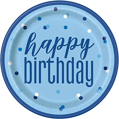 Image of Unique 83597EU Eco Friendly Paper Plates 23 cm Glitz Blue &amp; Silver Party 8 Count (Pack of 1), Happy Birthday