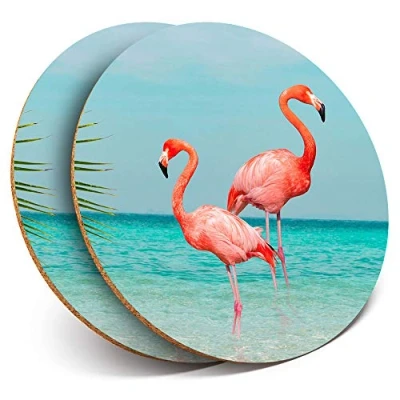 Image of 2 x Round Coasters Pink Flamingos Beach Ocean Cork Backed Home Kitchen Accessory Tea Coffee Mug Mat #2053