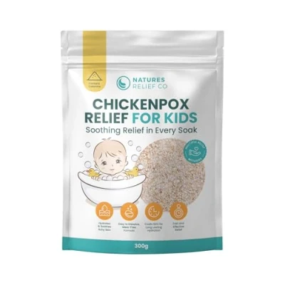 Image of Chickenpox Relief Treatment Colloidal Oatmeal &amp; Calamine Bath Soak for Chicken Pox Kids Itchy Skin and Pain Made in UK 300g