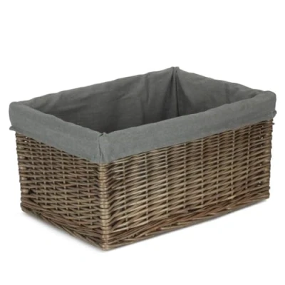 Image of Red Hamper Extra Large Antique Wash Cotton Grey Lined Willow Storage Baskets, Wicker
