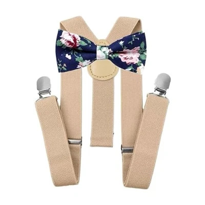 Image of Children&#039;s Kids Boys Cotton Pre Tied and Elasticated Bow Tie &amp; Braces Set (Blue Floral Beige Braces) suitable for formalwear, weddings, parties, pageboy outfits