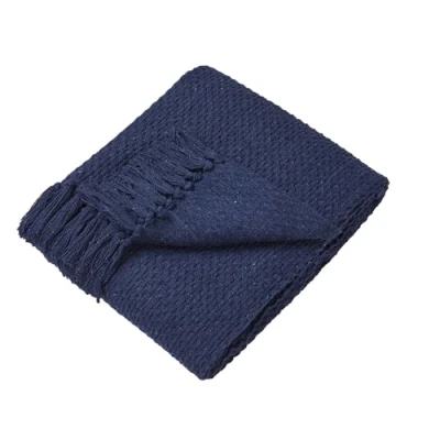 Image of Drift Home Navy Throw with Tassel (200 x 200cm) Sustainable Recycled Cotton Woven Blanket in Basket Weaved Textured Sofa Blanket/Bed Extra Large