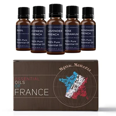 Image of Mystic Moments Essential Oils of France Oil Gift Starter Pack 5x10ml Basil Cypress, French Lavender, Rose Geranium, Rosemary Perfect as a