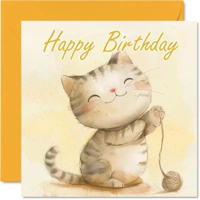 Image of Birthday Cards for Women Men Watercolour Cat Happy Card Mum Dad Brother Sister Uncle Auntie Cousin Grandad Nanny Friend 145mm x Bday Greeting