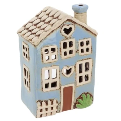 Image of Shudehill Giftware Village Pottery Ceramic Tealight Holder Pretty Garden Floral House Pastel Collection (Heart Blue)