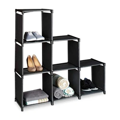 Image of Relaxdays Step Shelf with 6 Compartments, Size: 109 x 106 30 cm, Simple Plug In Assembly, Room Divider and Ladder Bookcase, Black, Fabric, cm