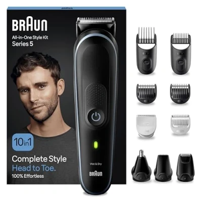 Image of Braun 10 in 1 All One Style Kit Series 5, Male Grooming with Beard Trimmer, Hair Clippers, Nose Trimmer for Men, Precision Gifts UK 2 Pin Plug, MGK5445, Black