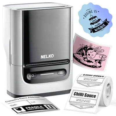 Image of Nelko PM220 Bluetooth Thermal Label Printer, Portable Maker Machine for iOS &amp; Android Phone, Clothing, Jewellery, Retail, Address, Barcode, Home, with 1 Roll 40x30mm Label（White）