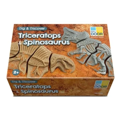 Image of Yellow Door dig and Discover Triceratops &amp; Spinosaurus early educational Learning STEM toys fossil kit for kids age 2 3 4 5 dinosaur skeleton puzzle excavation set Outdoor