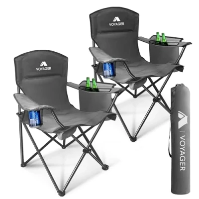 Image of Voyager Folding Camping Chairs 2 Pack with Cooler Bag, Lightweight Q195 Steel Frame, 600D Oxford Fabric, Portable &amp; Comfortable Black (Grey, Pouch/Cooling)