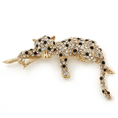 Image of Avalaya Black/Clear Diamante &#039;Leopard&#039; Brooch in Gold Plating 75mm Across