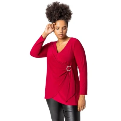 Image of Roman Curve Womens Wrap Diamante Buckle Top Wine Lace Size UK 30 32