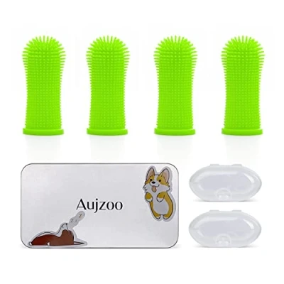 Image of Aujzoo Dog Toothbrush Set (4 Packs), 360º Pets Teeth Cleaning for Dogs Cats Dental Care, Silicone Finger Brush
