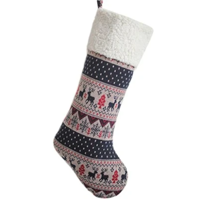 Image of SORRENTO Knitted Vintage Print Reindeer,Back to Clean Ivory Sherpa Stocking 10&quot;x19&quot;(10 15 DAYS DELIVERY)