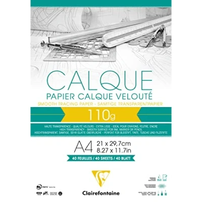 Image of Clairefontaine Ref 975106C Tracing Paper Pad (40 Sheets) A4 Sized, 110g, High Transparency, Smooth Surface, Acid Free, Printable Suitable for Ink, Marker &amp; Pencil
