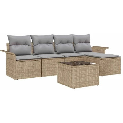 Image of vidaXL 6 Piece Garden Sofa Set with Cushions Black Poly Rattan