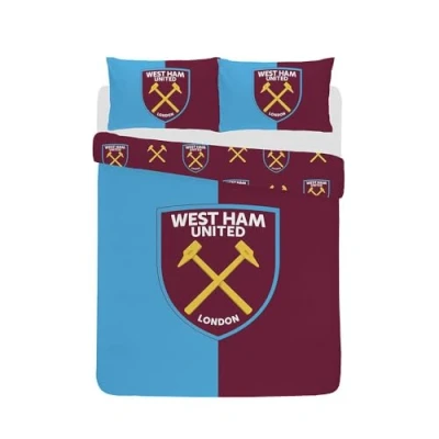 Image of DreamTex West Ham United FC Claret Sky Double Duvet Cover &amp; Pillowcase Set Reversible 100% Cotton Bedding with Pillow Case Comfortable Breathable Cover, Full