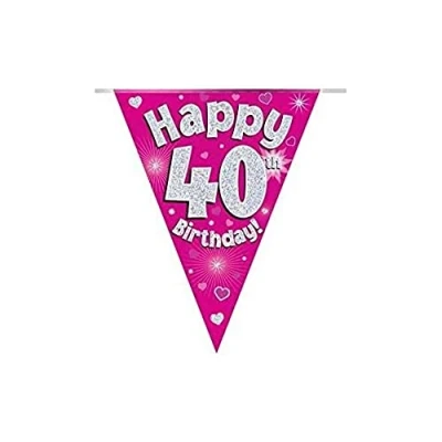 Image of Party Bunting Happy 40th Birthday Pink Holographic 11 flags 3.9m
