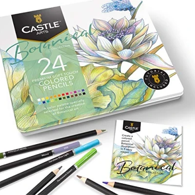 Image of Castle Arts Themed 24 coloured Pencil Set in Tin Box, perfect colours for ‘Botanical’ Art. Featuring quality, smooth cores, superior blending &amp; layering performance great results