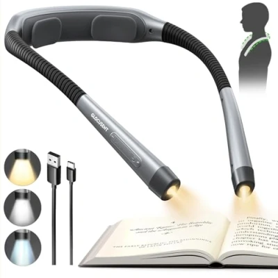 Image of Glocusent Ergonomic Book Light, Reading Light with 3 Colors &amp; 5 Stepless Brightness, Lights for at Night Timer Sleep Aid, Perfect Neck Books in Bed
