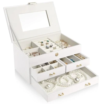 Image of ADEL DREAM Jewelry Box, 3 Tier Box With Rose Gold Buckle, Pu Leather Storage, Soft Velvet Gift For Loved Ones And Friends, Bianco 11