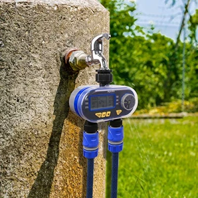 Image of Water Hose Tap Timer Watering Computer with 2 Solenoid Valves Garden Irrigation System Controller, Blue