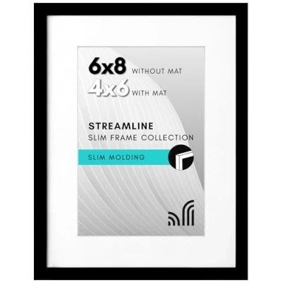 Image of Americanflat 8x6 Photo Frame in Black Use as Thin Border 6x4 with Mount or without Horizontal and Vertical Formats for Wall Tabletop