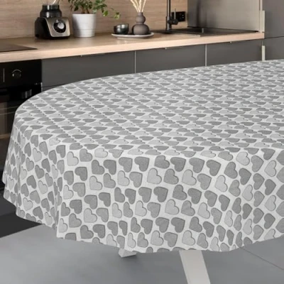 Image of ANRO Oilcloth Tablecloth, Washable, Oilcloth, Garden Outdoor, Indoor, Oval, 200 x 140 cm, Cut Edge, Heart, Grey