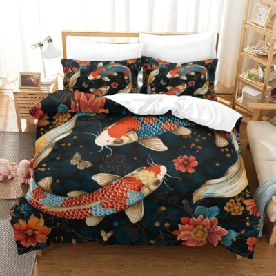 Image of NQHXLRUDC 3D Printed Koi Carp Duvet Cover Bedding Set 3pcs,Soft Microfiber Quilt with Pillowcases And Zipper Closure,for Adults Teens King（220x240cm）
