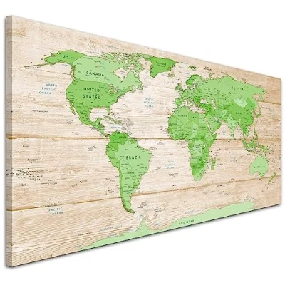 Image of Wallfillers Large Lime Green Cream World Map Atlas Canvas Wall Art Prints Modern 118x49cm 1310