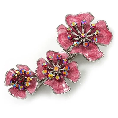Image of Avalaya Pink Enamel Diamante Flower Brooch (Silver Tone)