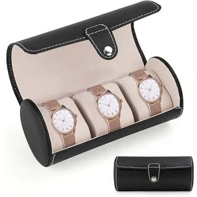 Image of Trintion Portable 3 Compartment watch Box 7.5 x 3.5 Inch Jewelry Display Black 19 9 cm, Black, 9cm (Three boxes)