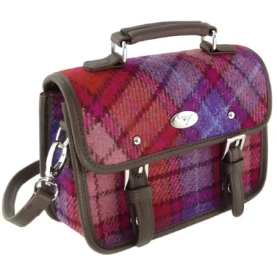 Image of Glen Appin Harris Tweed Bervie Mini Satchel Bag With Adjustable &amp; Removable Shoulder Strap (142 Orange Purple Check)
