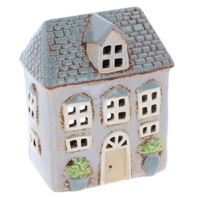 Image of Shudehill Giftware Village Pottery Ceramic Tealight Holder Pretty Garden Floral House Collection Grey, Blue, Yellow, Cream (Dormer Grey)