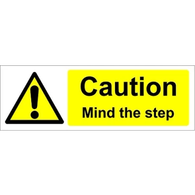 Image of Warning Mind The Step Safety Sign Self Adhesive Sticker 200mm x 66mm