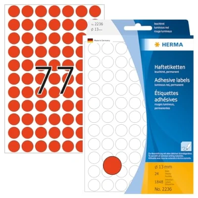 Image of HERMA Dot Stickers Luminous Red, 1848 Labels, Ø 13 mm, 77 Labels per Sheet, Self Adhesive Round Colour Stickers, Blank Marking Dots, Sticky Circle for Color Coding Calendar