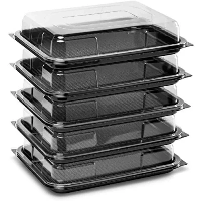 Image of Deli Supplies Pack of 5 Small Rectangle Food, Cake, Sandwich Platter Tray Set, Black Base With Clear Lid Durable Buffet Catering Food Trays (L340mm X W250mm D70mm Lids)